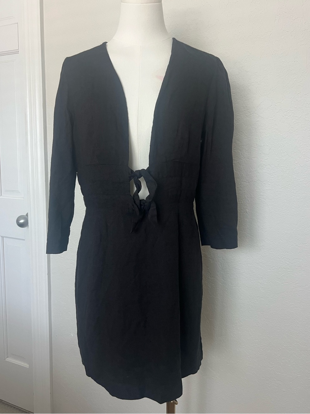 Free People Tied Together Mini Dress Black L NWT Deep V Boho Tie $68